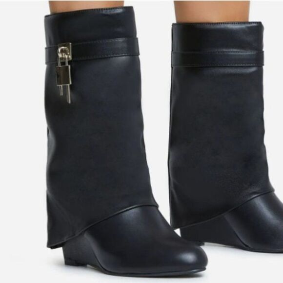 BLACK WEDGE BOOTIE WITH OVERLAP SKIRT WITH GOLD LOCKET CHARM - Picture 3 of 7